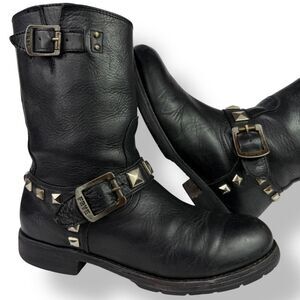 Frye Vintage Rogan Studded Boots Engineer Biker Distressed Black Leather Sz 7.5